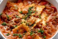 Beef Ravioli with Crispy Grilled Cheese Croutons