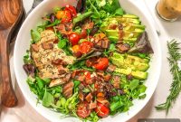 Rosemary Chicken, Bacon & Avocado Salad with Spicy Roasted Garlic Dressing