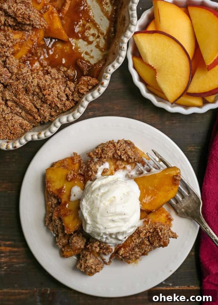Paleo-Friendly Vegan Peach Crisp Recipe for Summer Desserts 7 top view of paleo vegan peach crisp