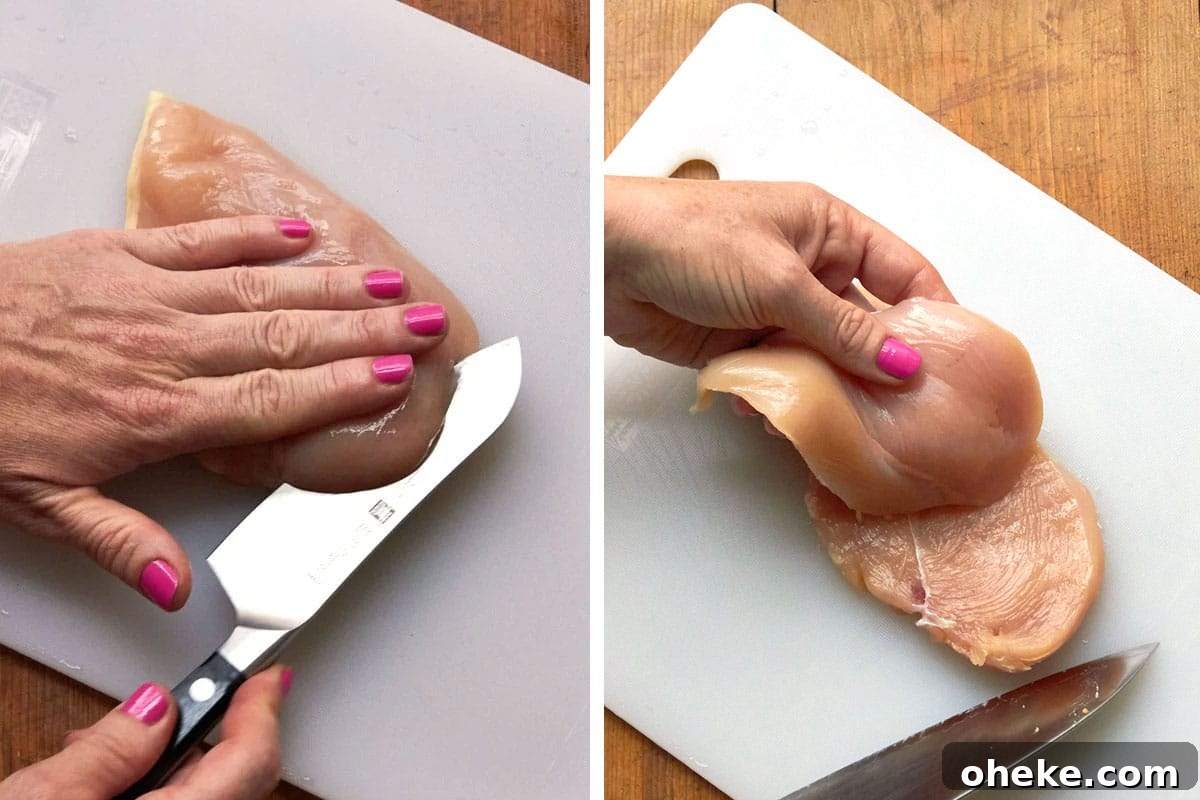 How to Flour Chicken Cutlets for Perfect Crispy Coating 3 Slicing chicken breast into cutlets with knife.