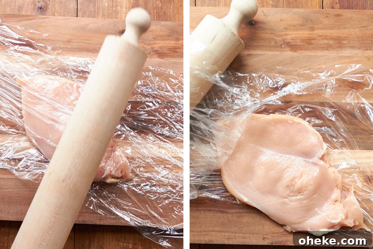 How to Flour Chicken Cutlets for Perfect Crispy Coating 4 Woman pounding chicken wrapped in plastic with rolling pin.