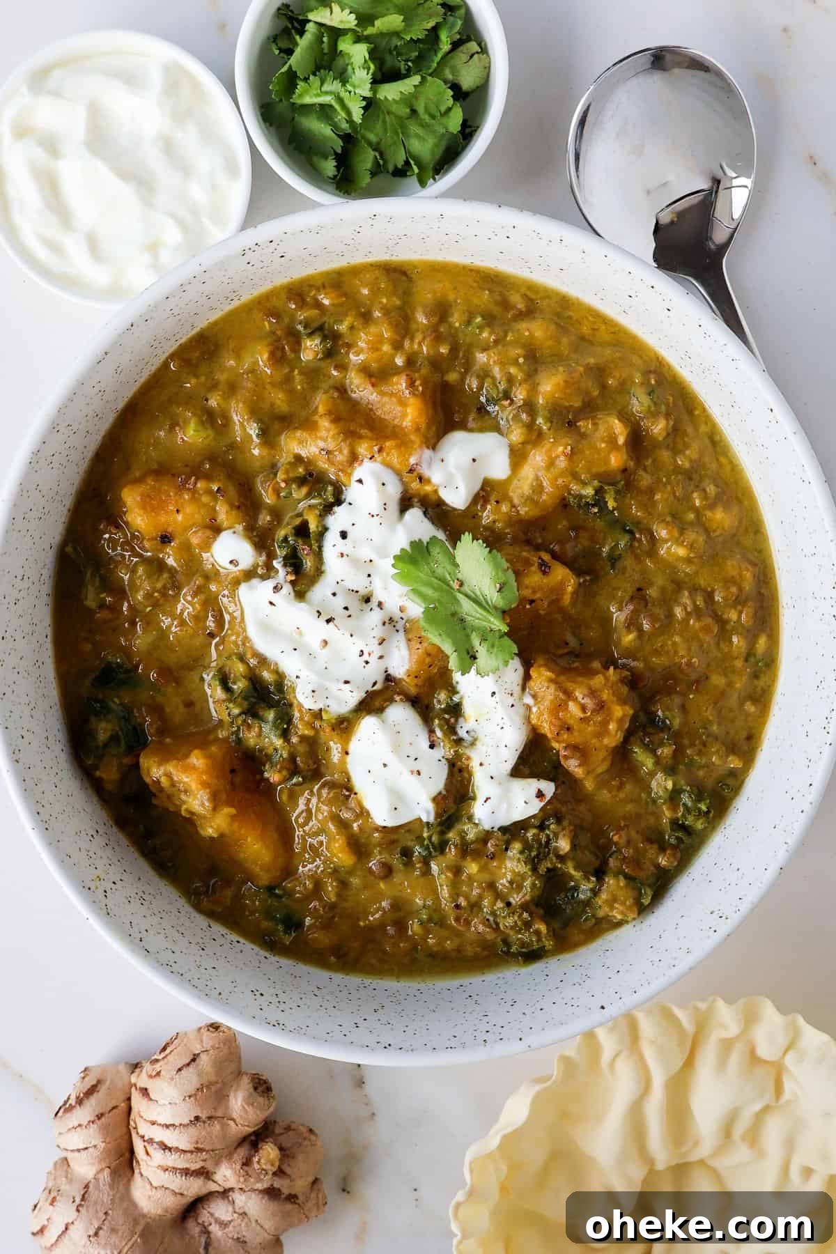 Curried Butternut Squash and Lentil Soup Recipe 11 Lentil and butternut squash soup in a bowl.