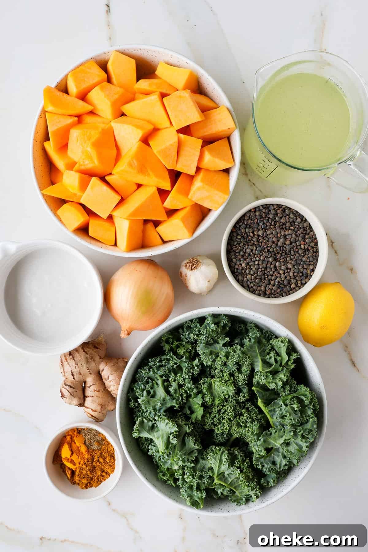 Curried Butternut Squash and Lentil Soup Recipe 4 Ingredients shown to make the soup recipe.