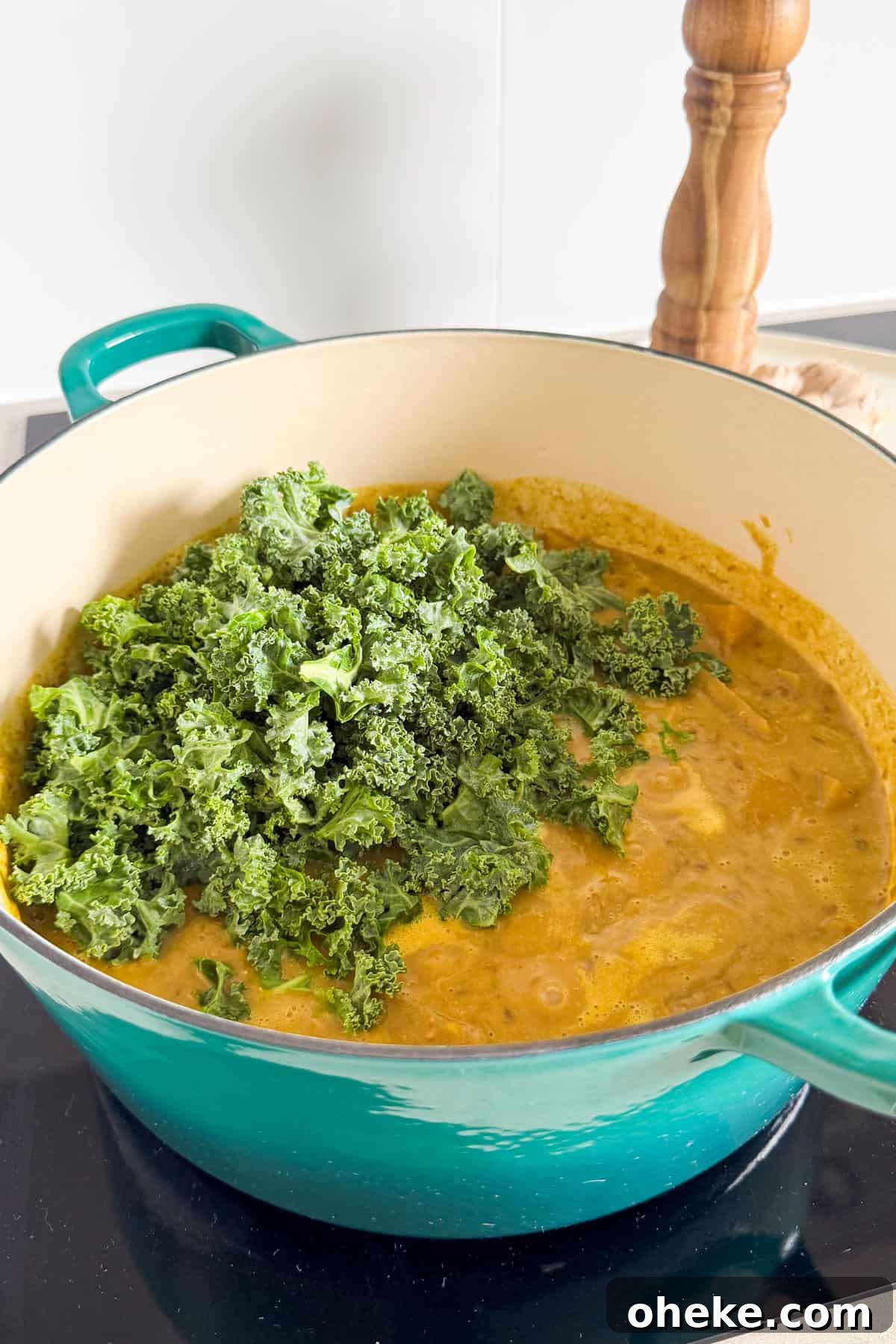 Curried Butternut Squash and Lentil Soup Recipe 8 Kale added to theft of soup.
