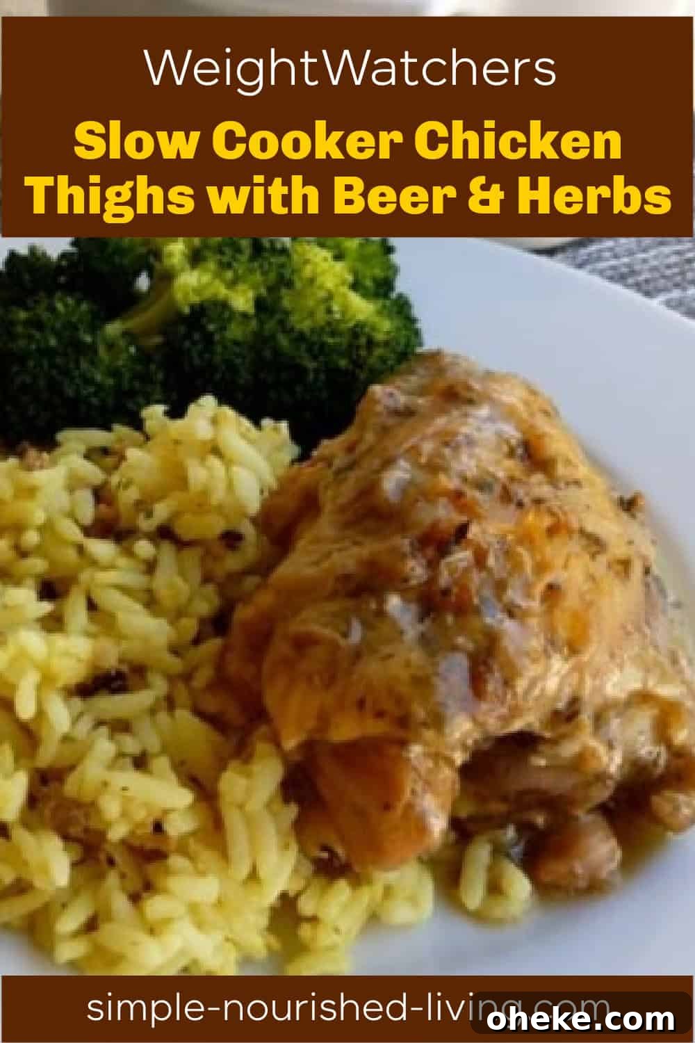 Dinner Ideas to Impress Guests Without Derailing Your Goals 3 slow cooker chicken thigh white plate with rice pilaf and broccoli