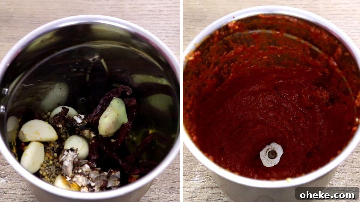 collage of 2 images showing grinding the fish masala (before and after pics).