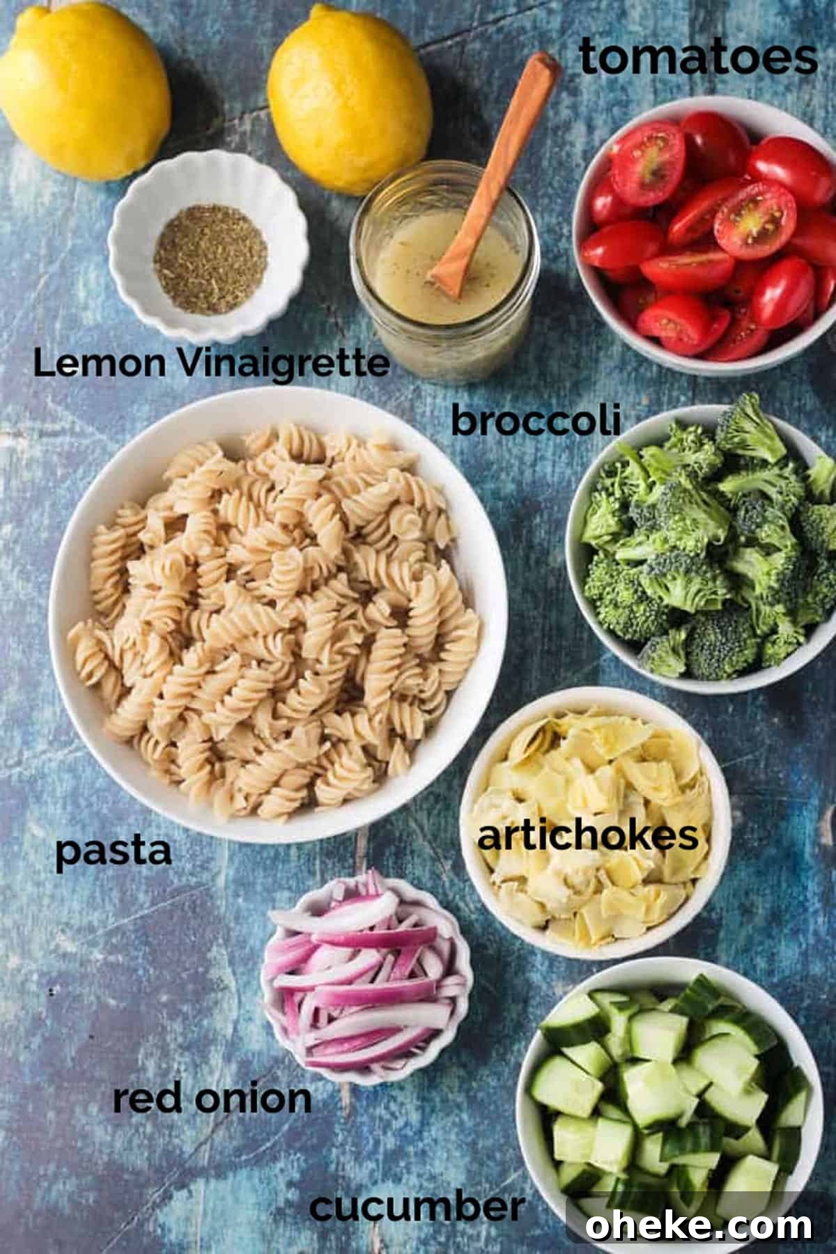 Zesty Lemon & Artichoke Pasta Salad Recipe for Summer 3 Recipe ingredients arrayed in individual bowls.