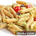 Vegan Garlic Scape Pesto over penne pasta