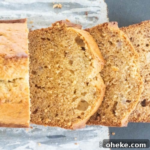 honey banana bread recipe sliced on cutting board