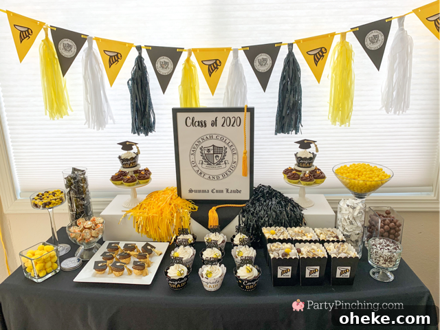 best graduation party open house ideas, best graduation food recipes ideas, best graduation gift ideas, school color graduation, mascot graduation, SCAD, Savannah College of Art & Design, gold and black grad, grad party ideas, best easy cheap grad party ideas, inexpensive grad party ideas, graduation cake, graduation food, grad cupcakes, graduation candy buffet,  best grad ideas, party pinching