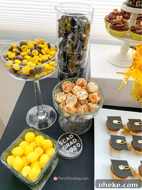 best graduation party open house ideas, best graduation food recipes ideas, best graduation gift ideas, school color graduation, mascot graduation, SCAD, Savannah College of Art & Design, gold and black grad, grad party ideas, best easy cheap grad party ideas, inexpensive grad party ideas, graduation cake, graduation food, grad cupcakes, graduation candy buffet,  best grad ideas, party pinching, ferrero rocher grad caps, mortar board ferrero rocher candy