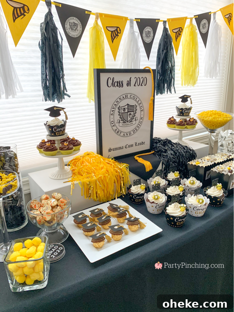 best graduation party open house ideas, best graduation food recipes ideas, best graduation gift ideas, school color graduation, mascot graduation, SCAD, Savannah College of Art & Design, gold and black grad, grad party ideas, best easy cheap grad party ideas, inexpensive grad party ideas, graduation cake, graduation food, grad cupcakes, graduation candy buffet,  best grad ideas, party pinching, ferrero rocher grad caps, mortar board ferrero rocher candy