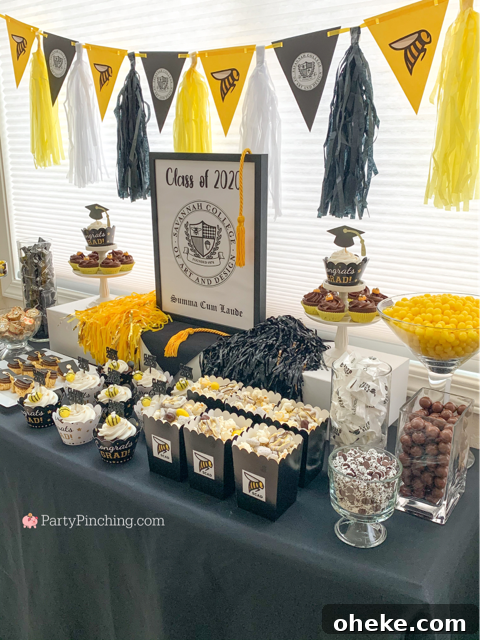 best graduation party open house ideas, best graduation food recipes ideas, best graduation gift ideas, school color graduation, mascot graduation, SCAD, Savannah College of Art & Design, gold and black grad, grad party ideas, best easy cheap grad party ideas, inexpensive grad party ideas, graduation cake, graduation food, grad cupcakes, graduation candy buffet,  best grad ideas, party pinching, ferrero rocher grad caps, mortar board ferrero rocher candy