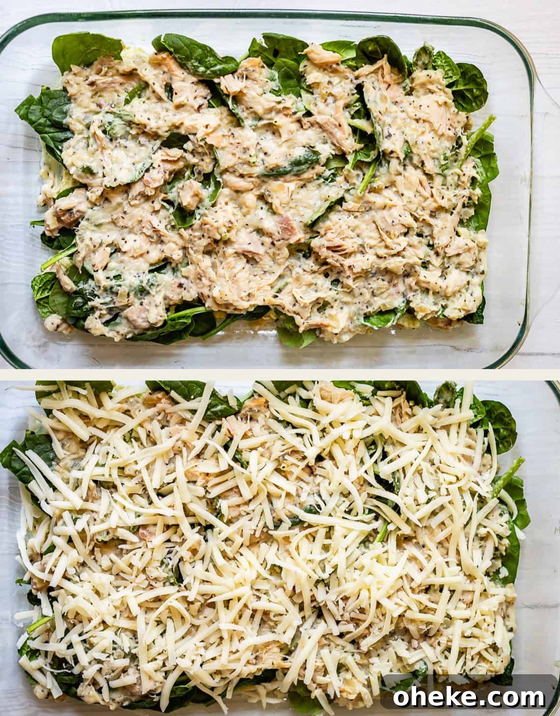 Two images: Top shows a glass baking dish with a layer of spinach topped with a creamy chicken mixture. Bottom shows the same dish with the mixture now covered in shredded cheese, ready for baking.