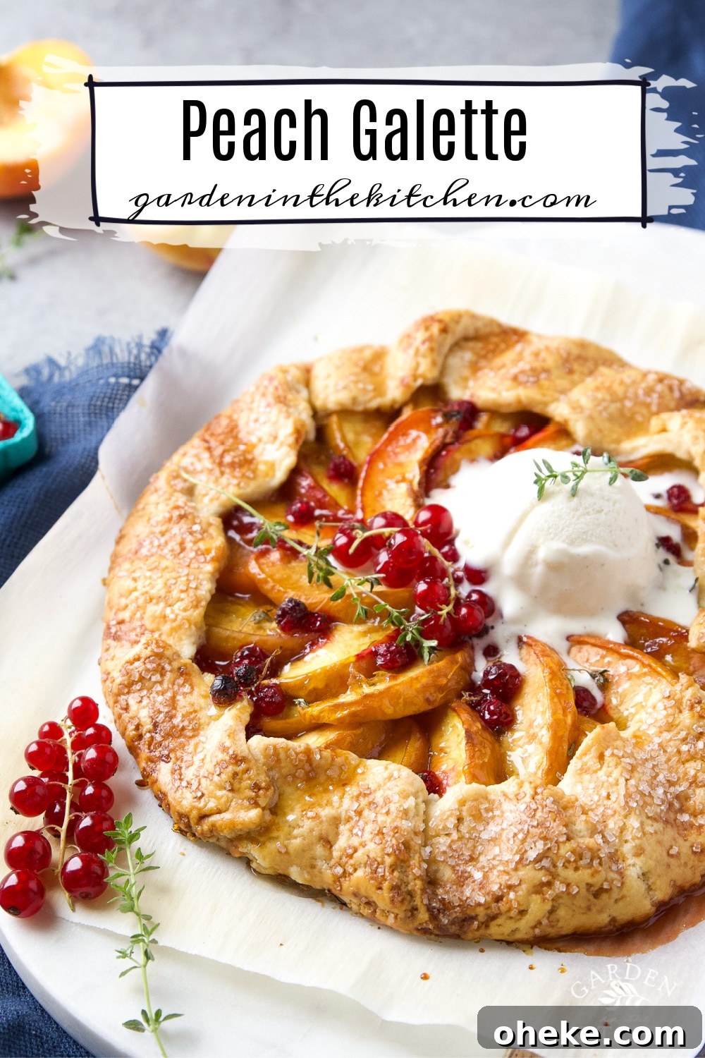Perfect Peach Galette Recipe: Rustic Summer Tart with Almond Crust 8 peach galette with a scoop of ice cream. Fresh currants on top along with thyme.