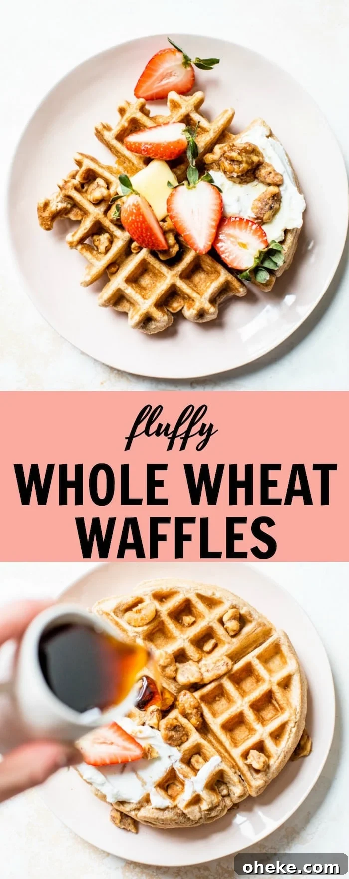 Fluffy Whole Wheat Waffle recipe made with whole wheat flour, coconut oil and maple syrup for a healthier breakfast waffle | thealmondeater.com