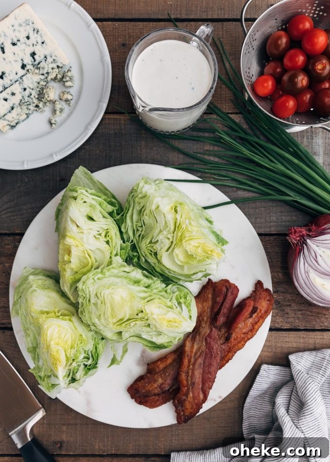 wedges of iceberg lettuce, blue cheese, and bacon for wedge salad