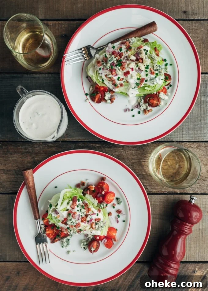 overhead view of plated wedge salads with blue cheese dressing