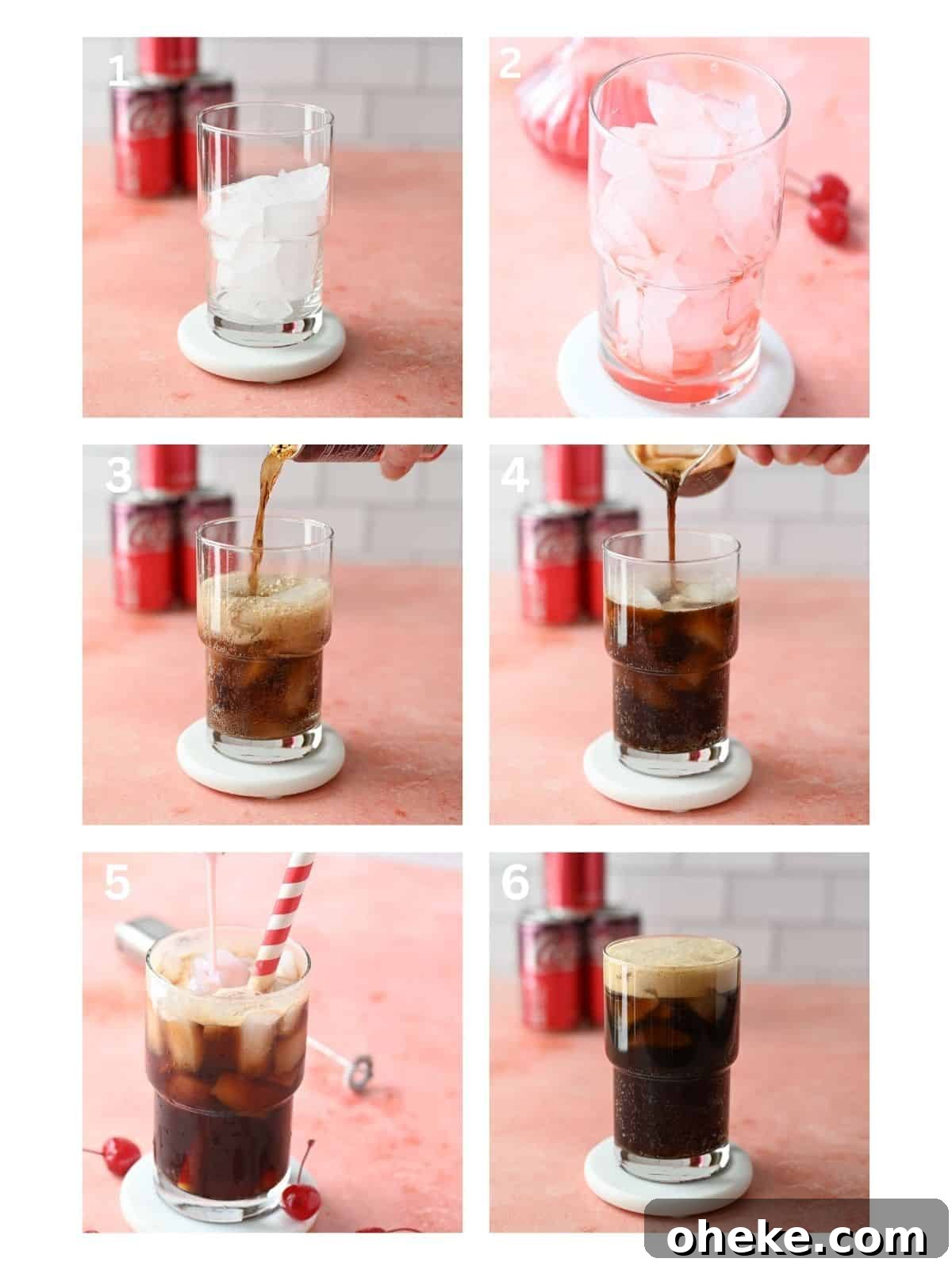 Cherry Americola: Refreshing Cherry-Flavored Coffee Drink 4 A collage of 6 pictures showing how to make a cherry americola drink in a clear glass with ice.
