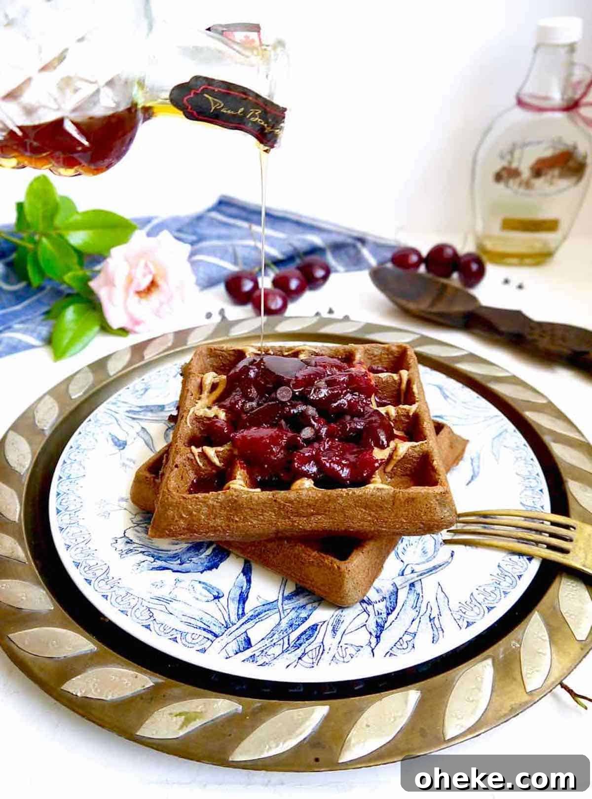 Gluten-Free Chocolate Cherry Waffles — Paleo Recipe 6 Paleo waffles with chocolate and cherries.