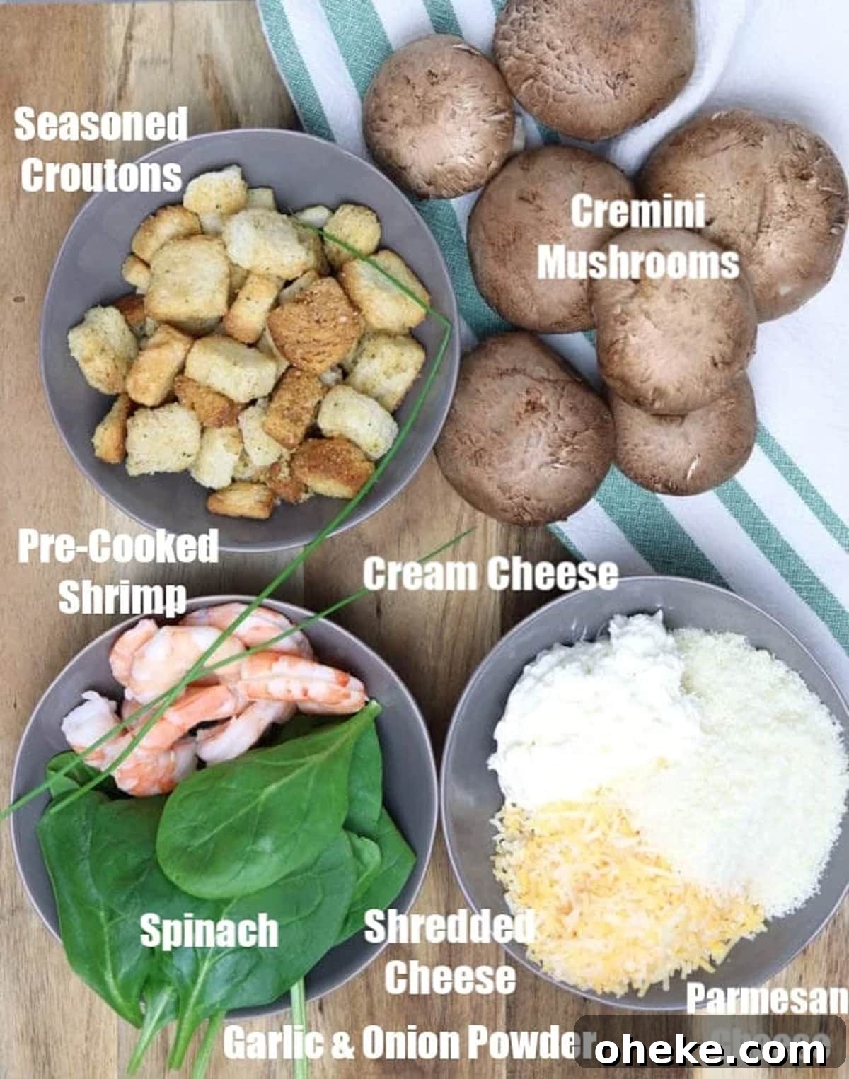 Ingredients on a counter showing how to make shrimp stuffed mushrooms.