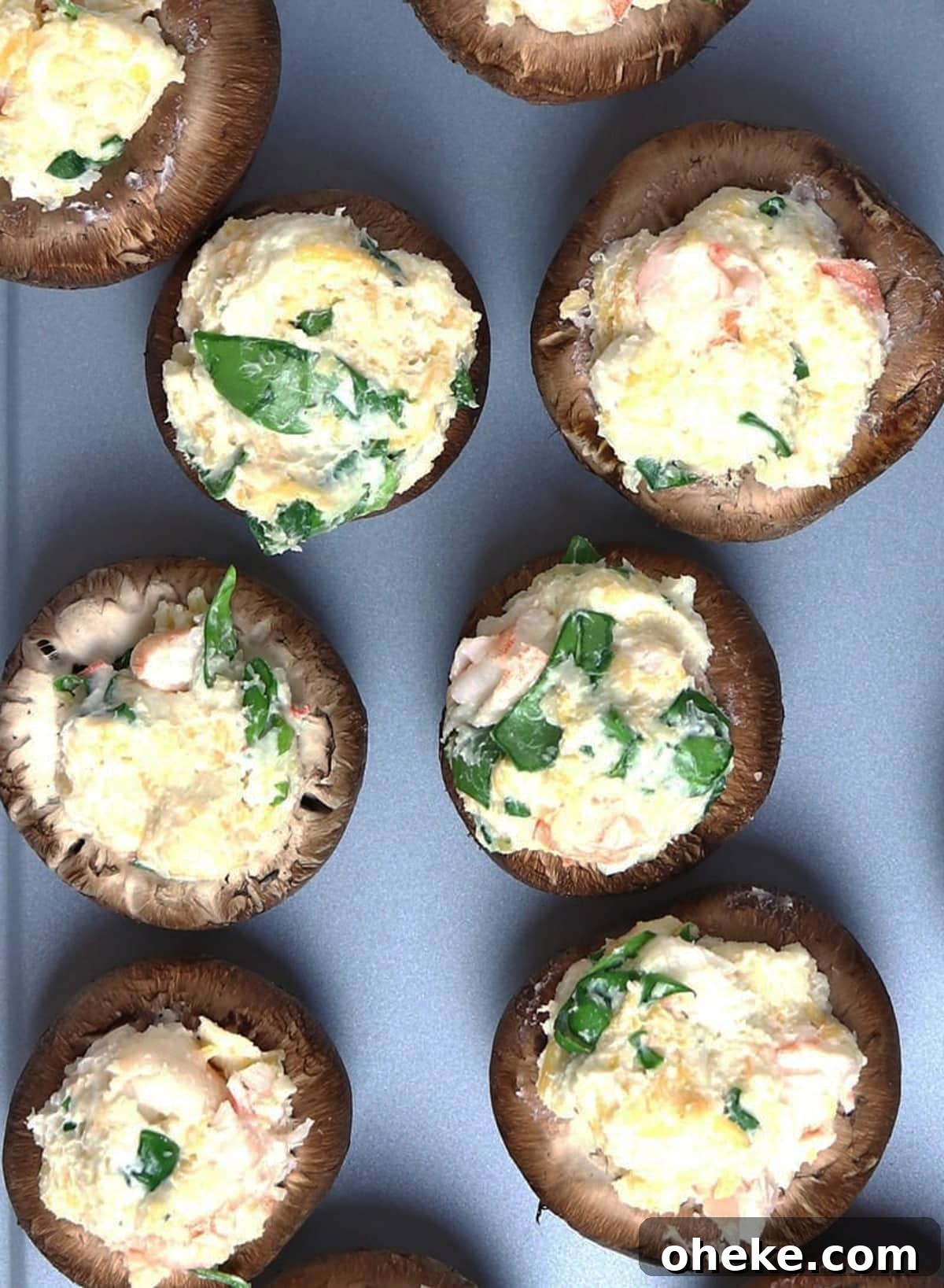 Mushroom caps stuffed with shrimp mixture.