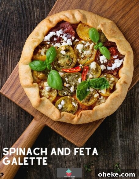 Spinach and Feta Galette, a delicious open pastry savoury pie filled with Greek feta cheese creamy spinach and tomatoes, then baked until set. Great served warm or chilled.
