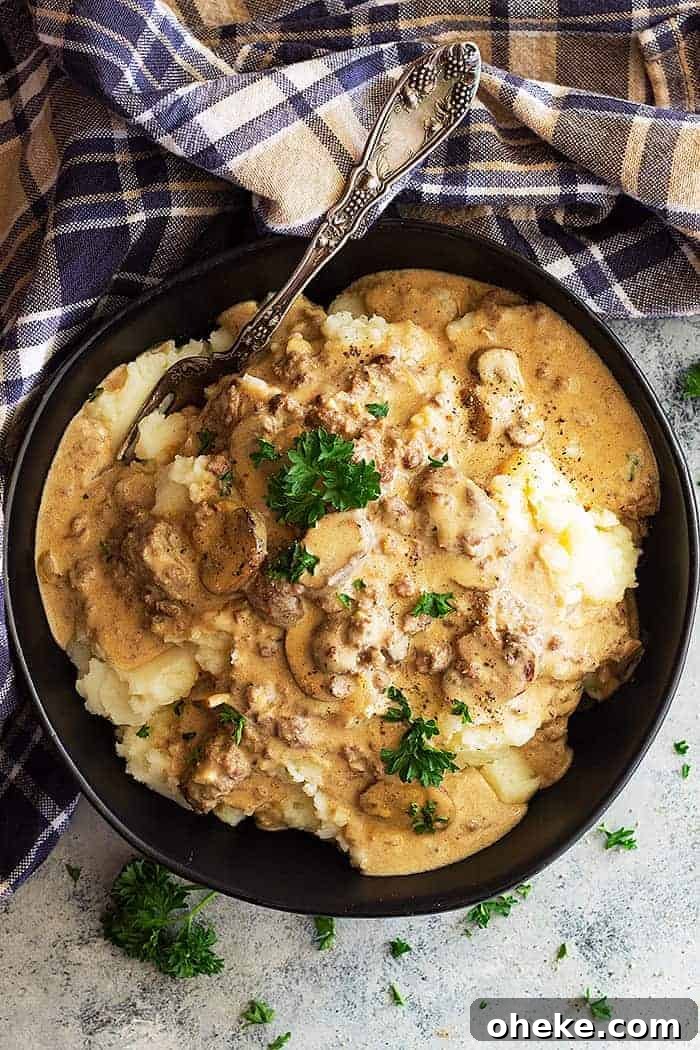 Creamy Ground Beef Stroganoff Recipe for Weeknight Dinners 2 overhead: ground beef stroganoff over mashed potatoes in a black bowl