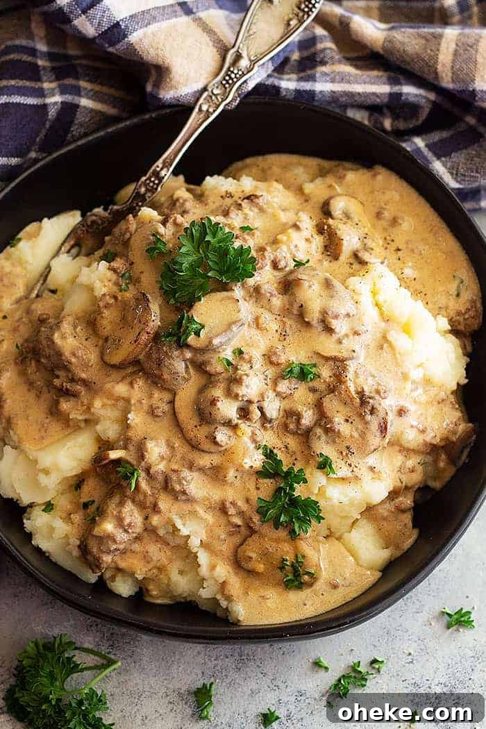 Creamy Ground Beef Stroganoff Recipe for Weeknight Dinners 3 overhead closeup: hamburger stroganoff recipe over mashed potatoes in a black bowl
