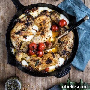 Combine pizza staples like pepperoni, melting mozzarella and tomato sauce with chicken in a skillet and you have a winning recipe! Delicious served with a crisp green salad or even some pasta if you are really hungry!