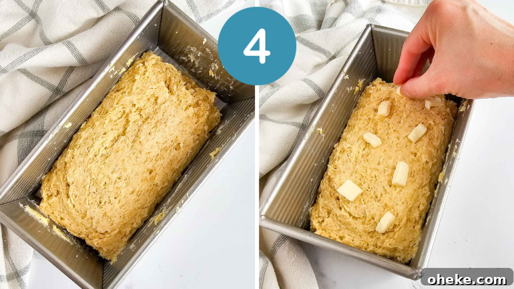 Gluten-Free Irish Brown Bread (No Yeast) — Simple Homemade Recipe 8 step 4: batter is spread in loaf pan and there are small pieces of butter on top.