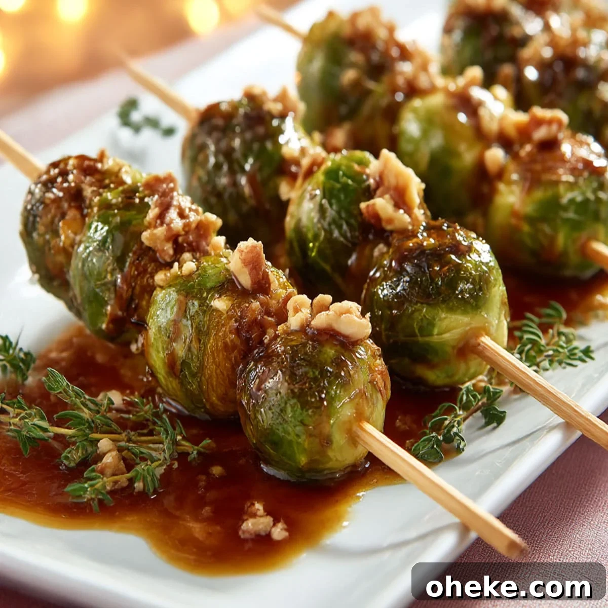 Caramelized Brussels Sprouts Skewers for Holiday Entertaining 2 Holiday Brussels sprouts skewers glazed with honey and topped with walnuts and herbs