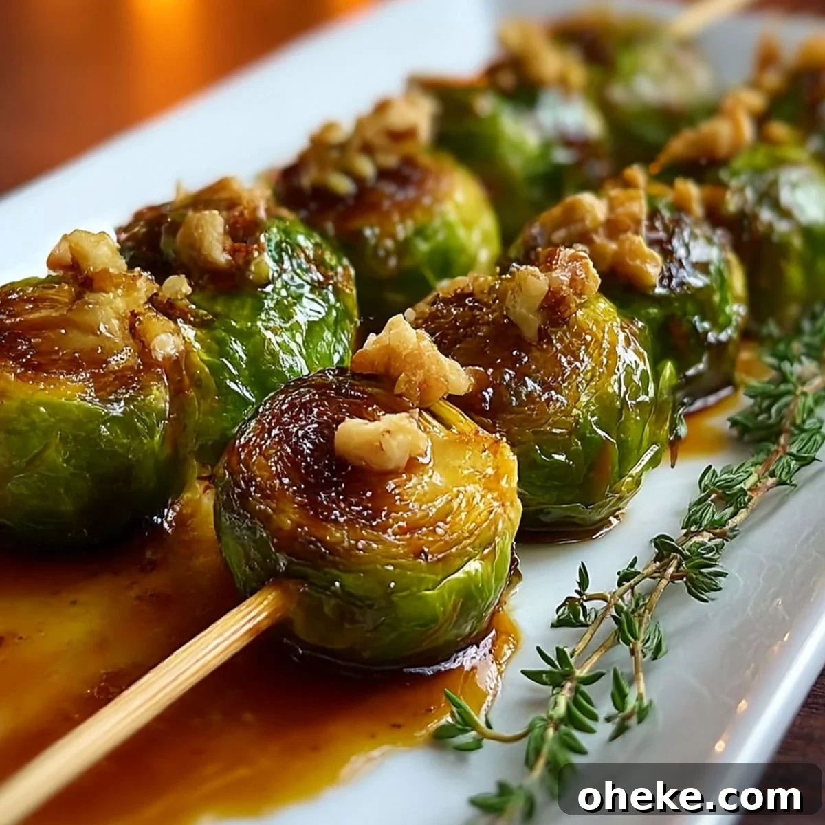 Caramelized Brussels Sprouts Skewers for Holiday Entertaining 3 Caramelized Brussels sprouts skewers with walnut honey glaze on a white plate