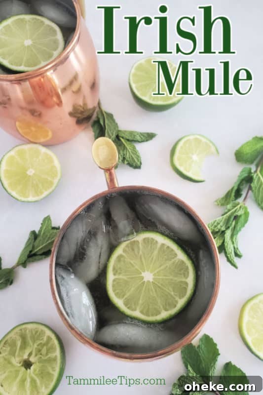Irish Mule Cocktail & Mocktail Recipe with Video Guide 2 Irish Mule text over two copper mugs with ice and lime wheels, surrounded by mint and limes