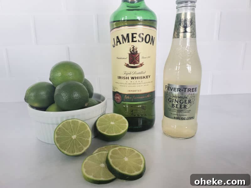 Irish Mule Cocktail & Mocktail Recipe with Video Guide 3 Irish Mule ingredients, Jameson Irish whiskey, fever tree ginger beer, and limes