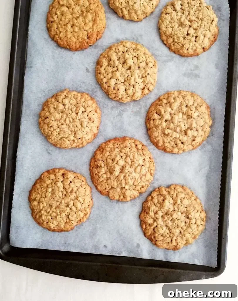 baked oatmeal cookies on baking sheet overhead image