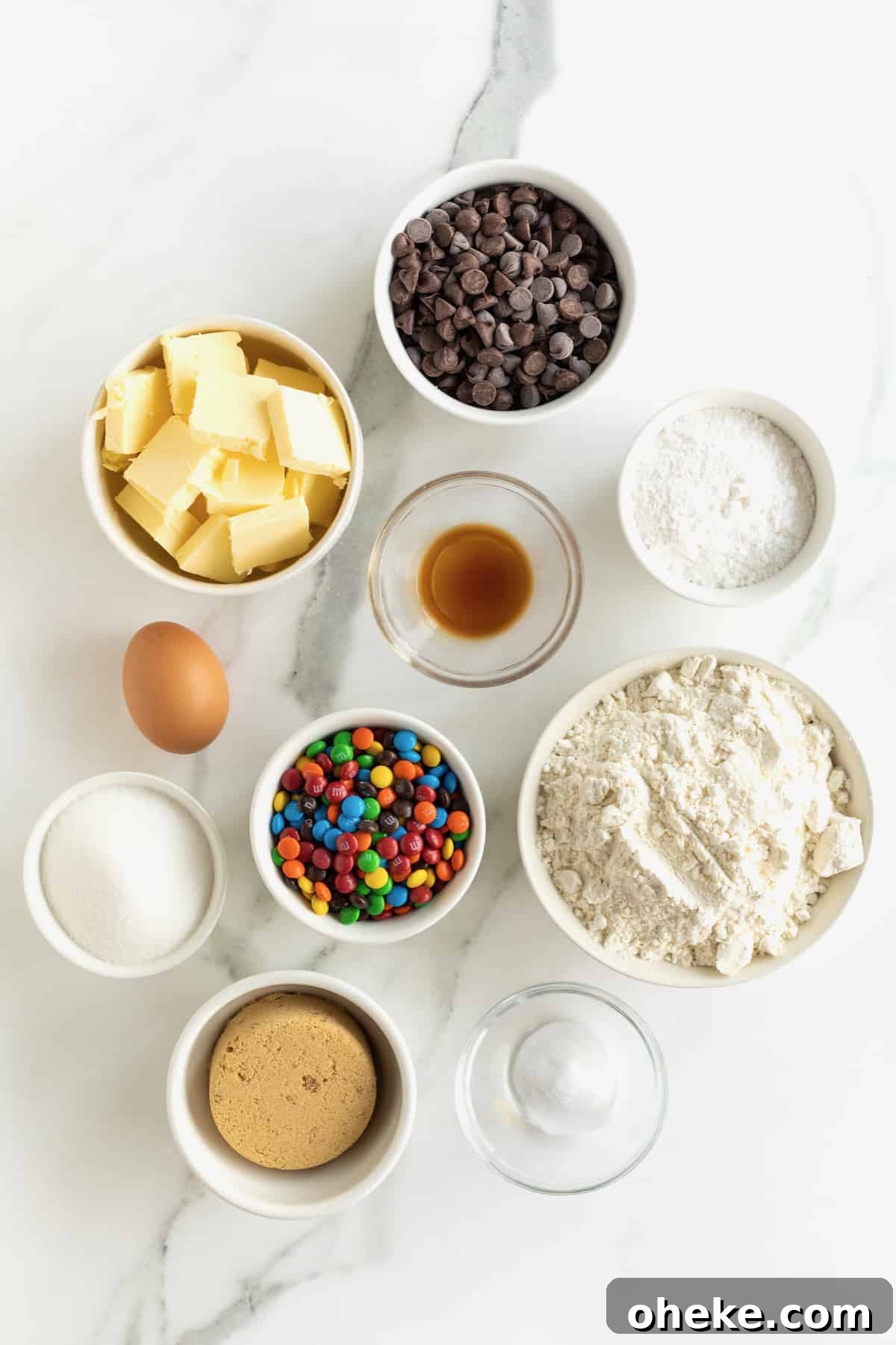 Ingredients to make M&M chocolate chip pudding cookies.