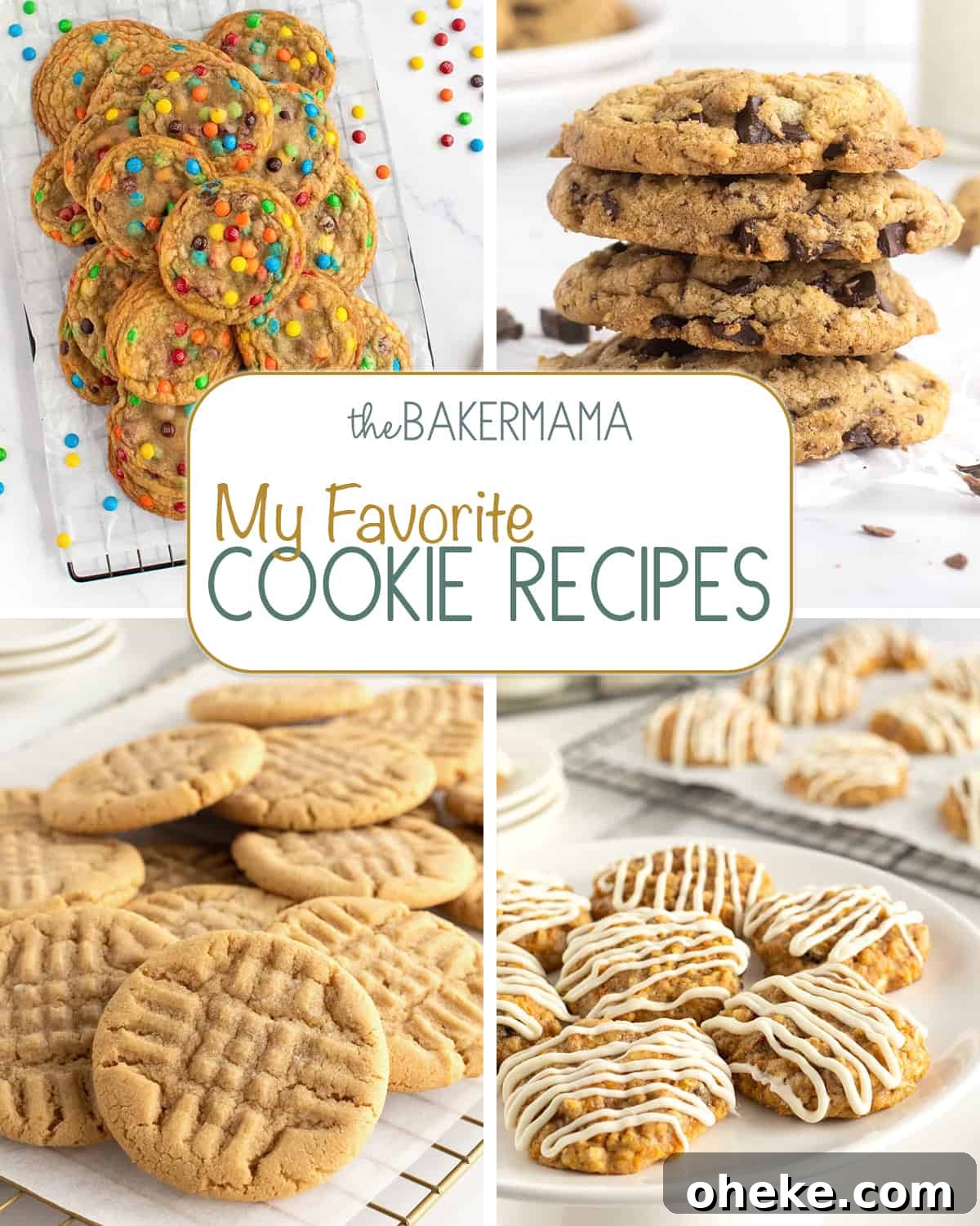 M&M Cookies, Perfect Chocolate Chip Cookies, Classic Peanut Butter Cookies and Carrot Cake Cookies