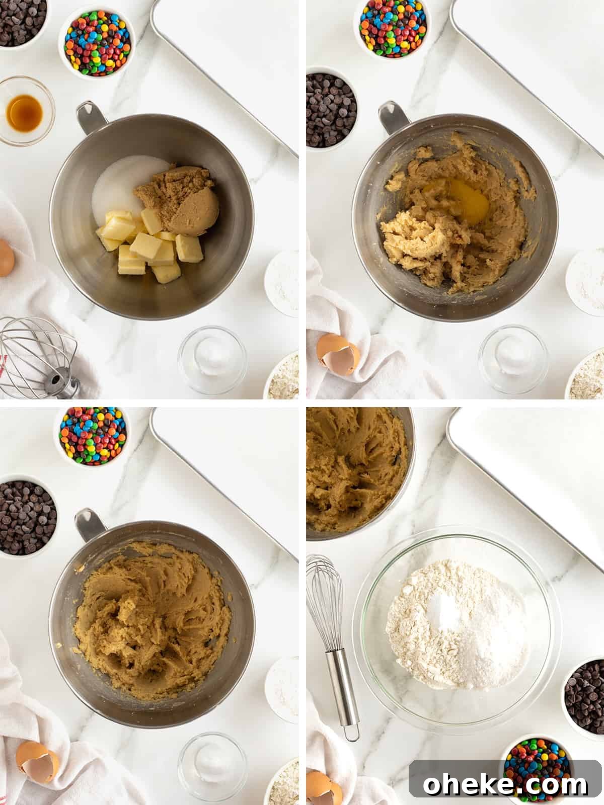 Steps to make cookie dough for M&M chocolate chip pudding cookies.