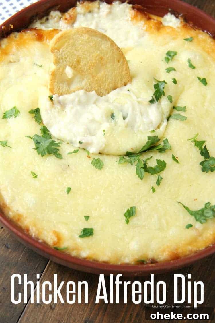 Delicious Chicken Alfredo Dip, easy hot baked dip with chicken, cheese, and homemade alfredo sauce Chicken Alfredo Dip from scratch in baking dish