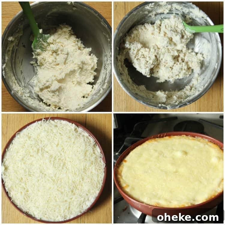 Perfect Chicken Alfredo Dip, easy hot baked dip with chicken, cheese, and homemade alfredo sauce Chicken Alfredo Dip in bowl, before being baked, and after baked