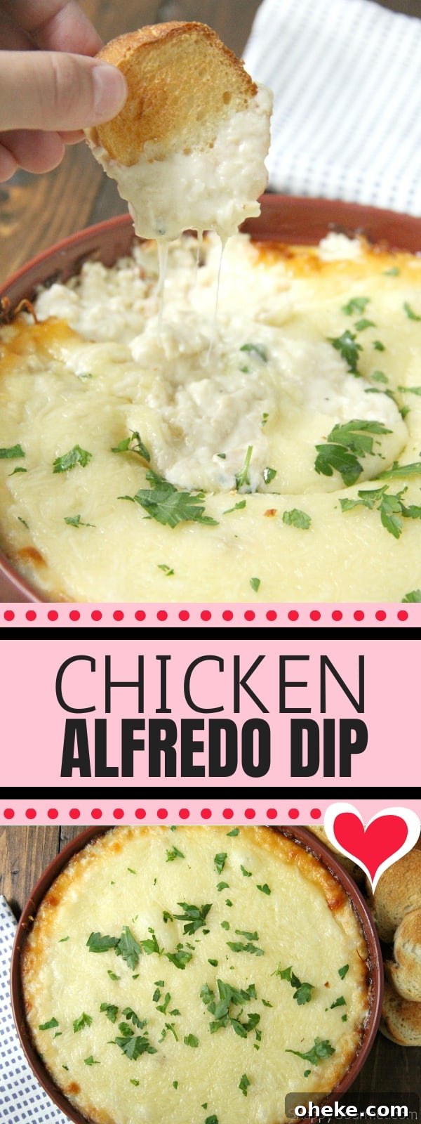 Best Chicken Alfredo Dip, easy hot baked dip with chicken, cheese, and homemade alfredo sauce Chicken Alfredo Dip collage