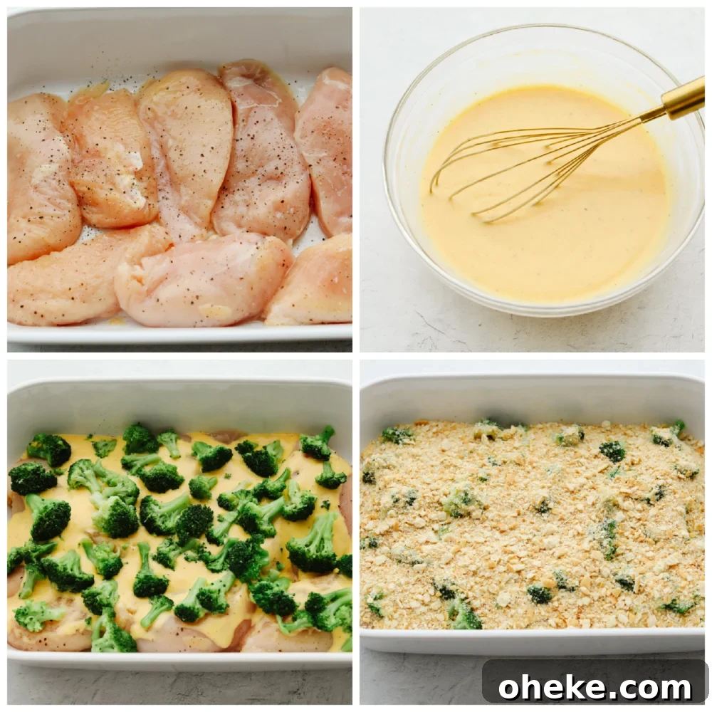 Comfort food at its finest, this broccoli cheddar chicken will fill you right up! Insanely delicious and straightforward to make, this is a dinner your entire family will go crazy over! 4 pictures showing how to add chicken, sauce broccoli and cracker crumbs to the meal.