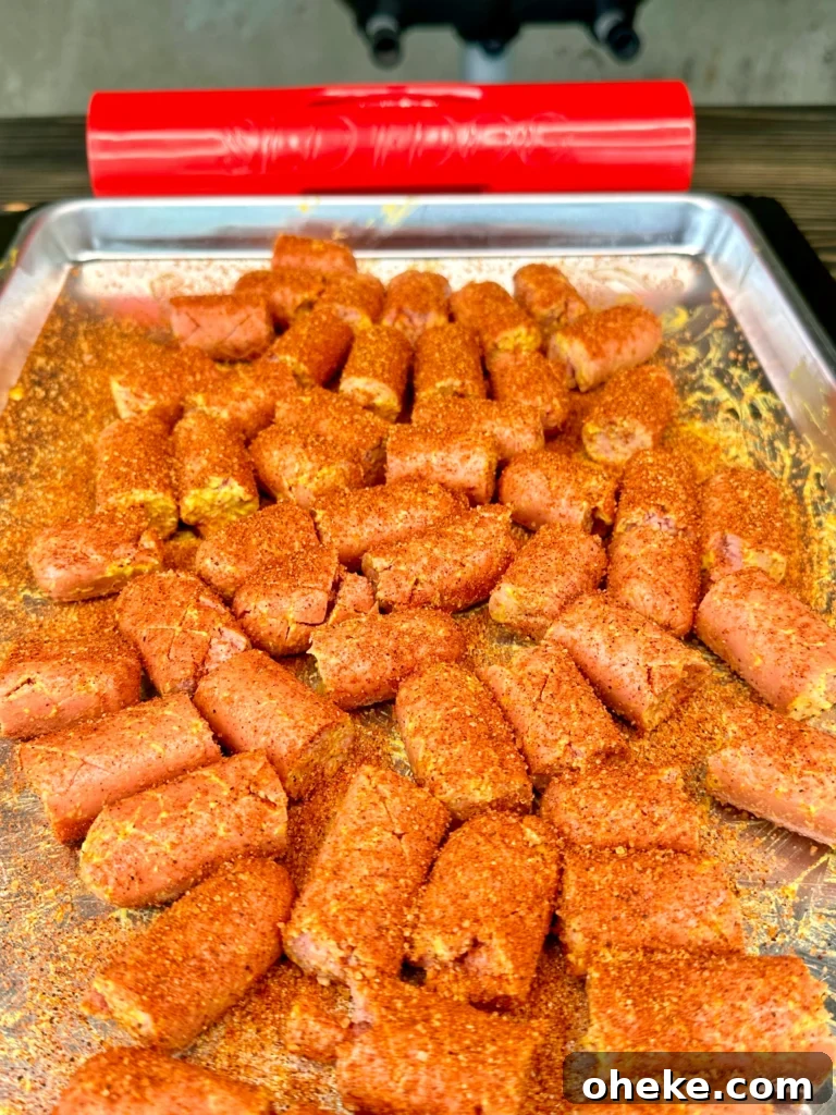 Carolina Gold BBQ Burnt Ends Made from Hot Dogs 3 seasoned hot dog burnt ends in a pan