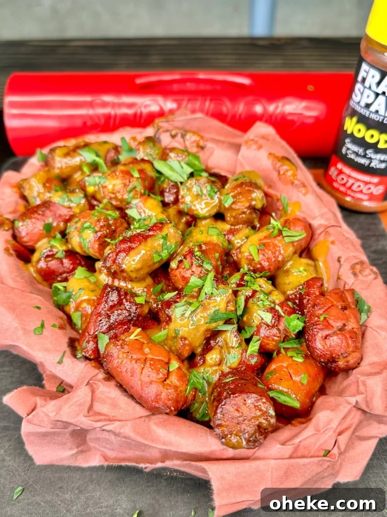 Carolina Gold BBQ Burnt Ends Made from Hot Dogs 5 hot dogs from the smoker with a green garnish