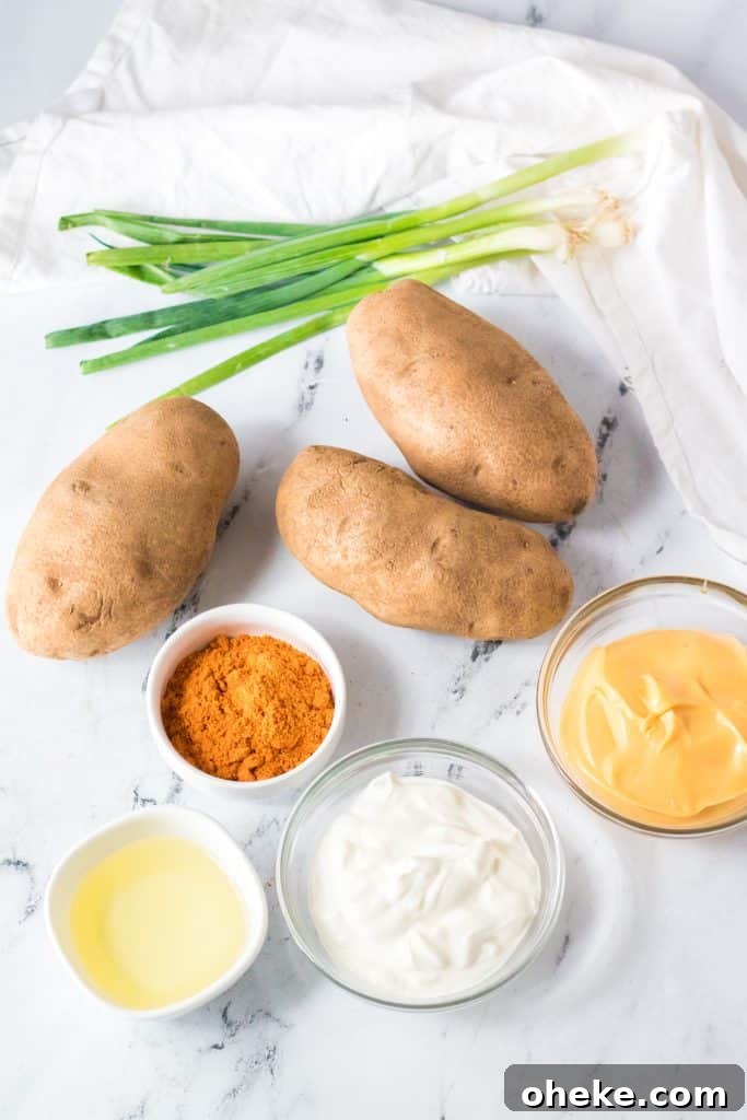 Air Fryer Cheesy Fiesta Potatoes — Taco Bell Copycat Recipe 4 overhead image showing the measured ingredients needed to make taco bell's cheesy fiesta potatoes in the air fryer
