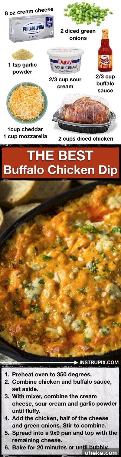 Ultimate Buffalo Chicken Dip Recipe That Everyone Will Love 13 The BEST party appetizer dip, ever! Easy Buffalo Chicken Dip Recipe -- Make ahead, quick, simple and easy! Bake it in the oven in just 20 minutes. | Instrupix.com