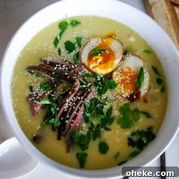 quick ramen recipe with steak, ramen noodles, and soft-boiled eggs.