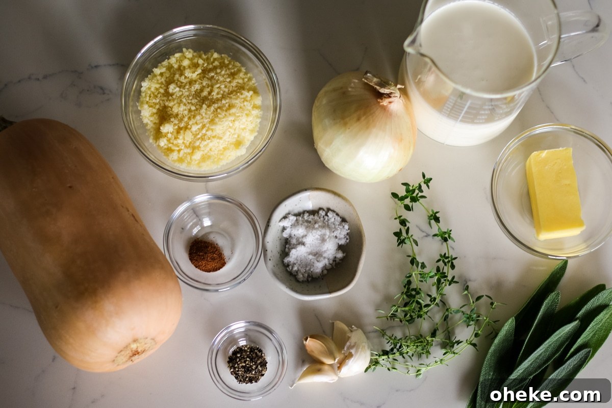 ingredients for butternut squash gratin recipe on kitchen counter in dishes.