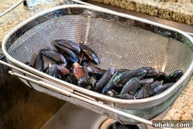 Cleaning and rinsing mussels.